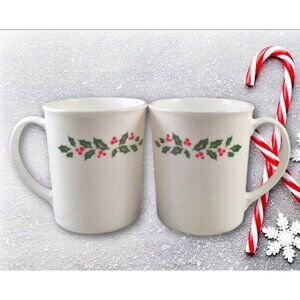 2 Winter Holly Berry Mugs Corning White Glass Green Christmas Holidays